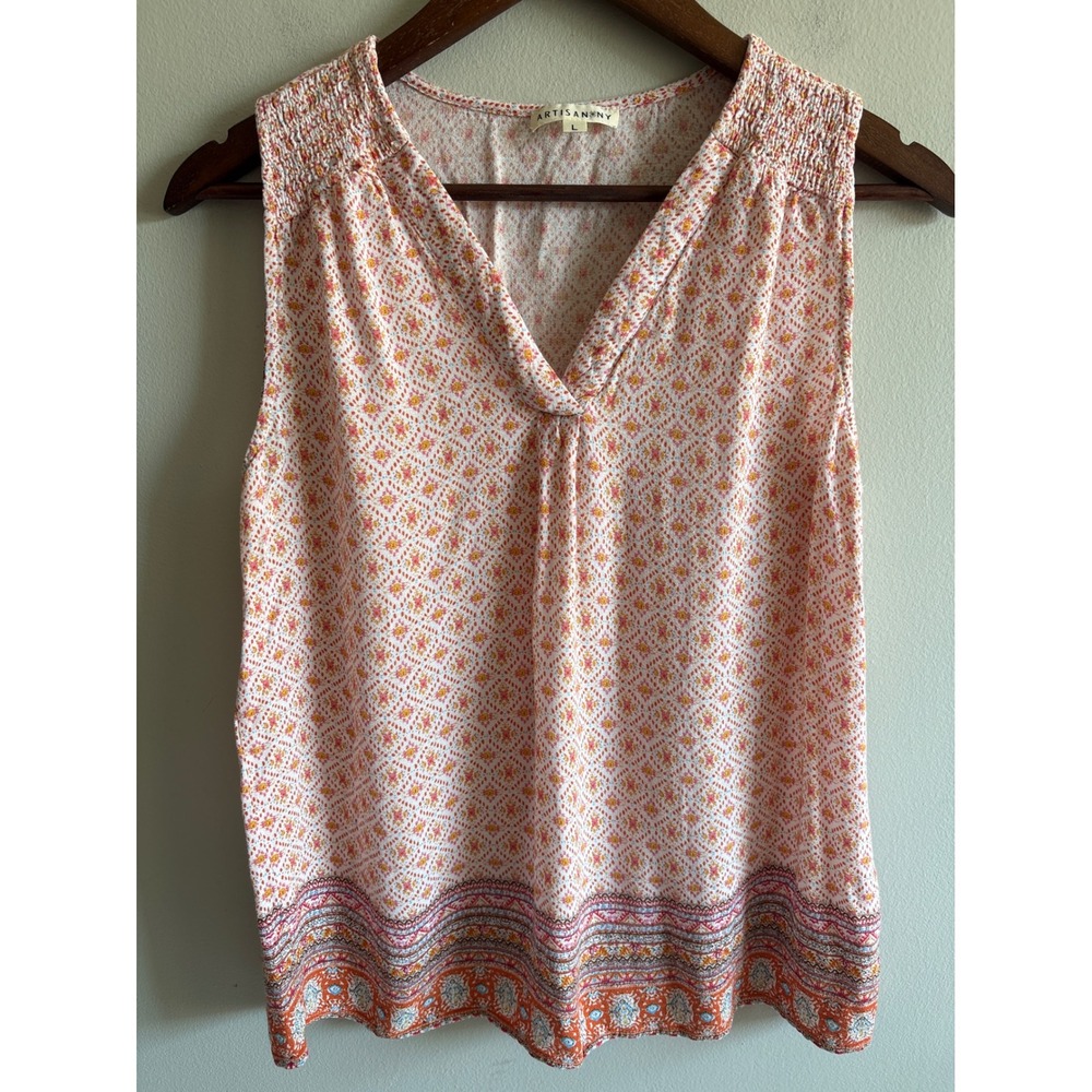 Artisan NY Orange Pink Geometric Diamond Print Sleeveless V-Neck Blouse Large